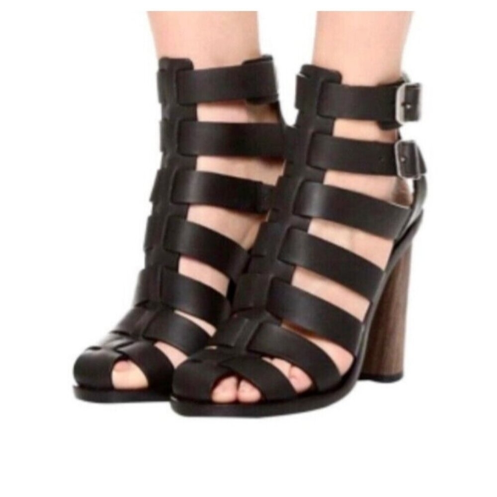 Vince Sandals Caged Strappy Nicolette Womens 8M 38 Black Leather Block High Heel